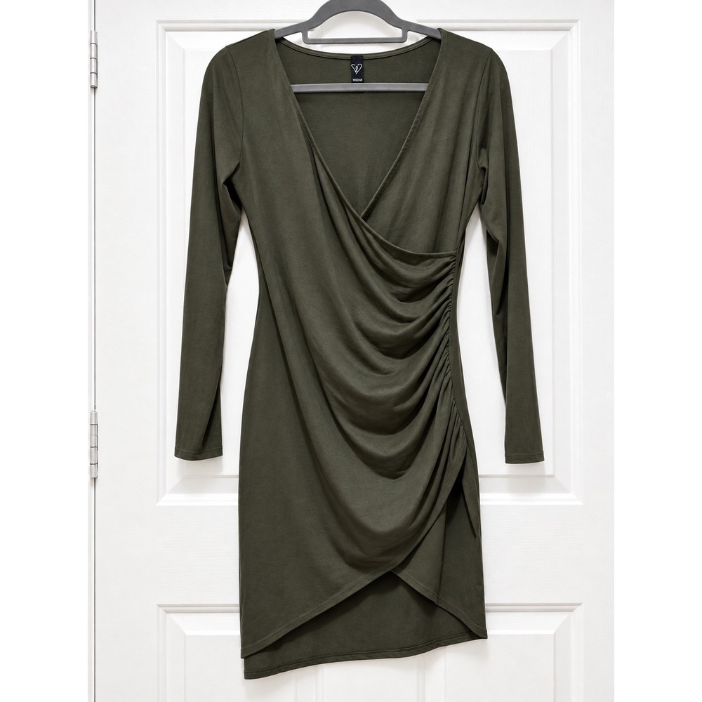 Windsor Olive Green Long Sleeve Ruched Wrap Mini Dress KSD6596 L